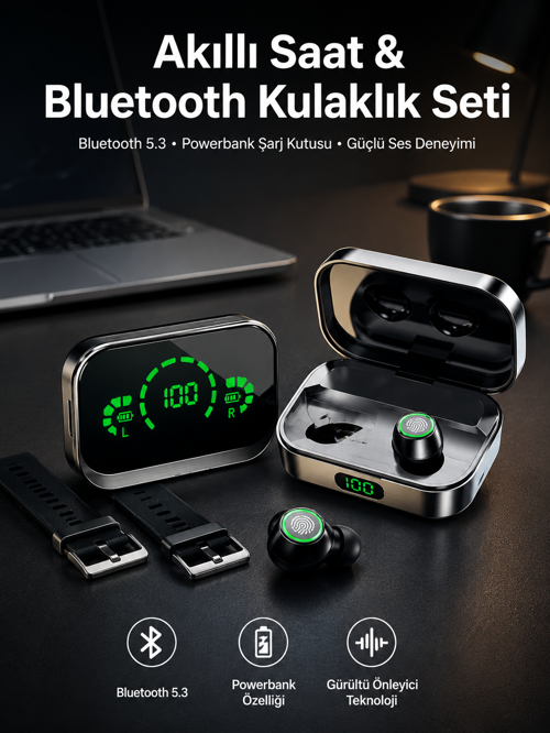 TWS Bluetooth Kulaklık ve Akıllı Saat Uyku Takibi Nabız Ölçer Uzun Pil Ömrü