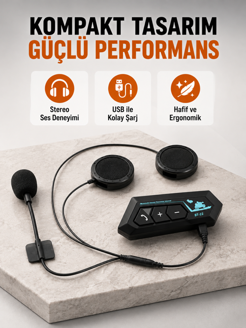 BT22 Kablosuz Kask Kulaklığı – Bluetooth 5.0, Intercom, Su Geçirmez ve Uzun Ömürlü Batarya Yeni Nesi