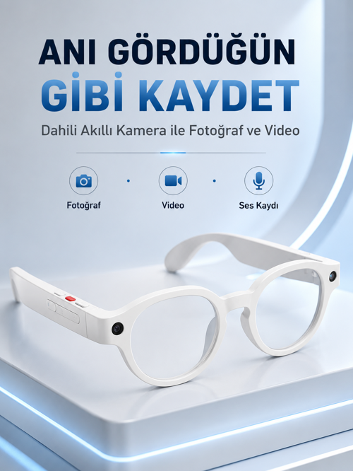 Beyaz Bluetooth Akıllı Gözlük Dahili Kameralı Fotoğraf Video Kayıt Yapay Zeka Çeviri Dokunmatik Kont