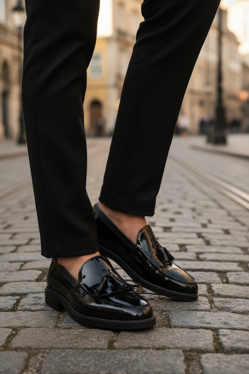 Siyah Rugan Hakiki Deri Püskül Detaylı Erkek Casual Ayakkabı Loafer 2208