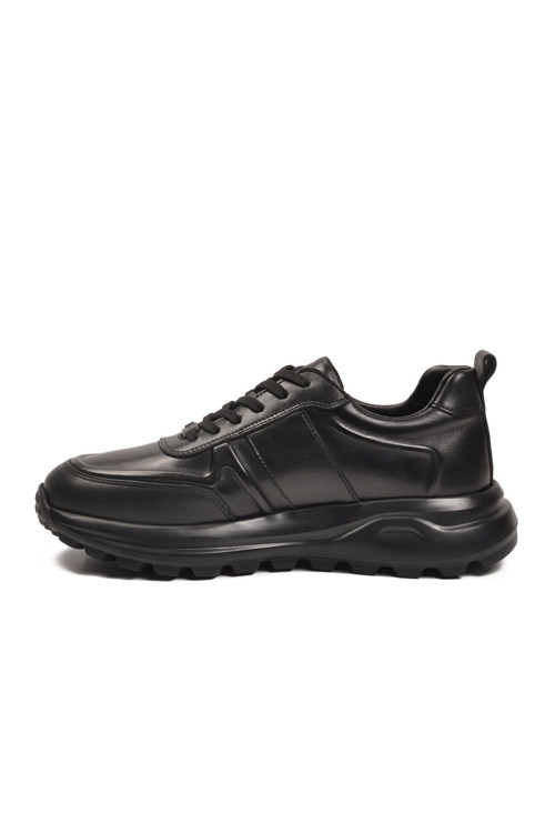 Siyah Hakiki Deri Bağcıklı Kalın Tabanlı Erkek Casual Sneaker Ayakkabı 5K3251-30219