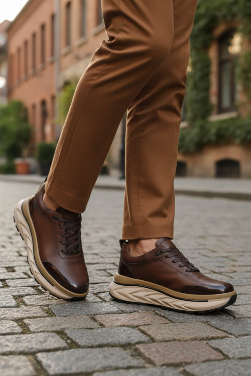 Kahve Hakiki Deri Kalın Rahat Tabanlı Bağcıklı Erkek Casual Sneaker Ayakkabı 152-22390
