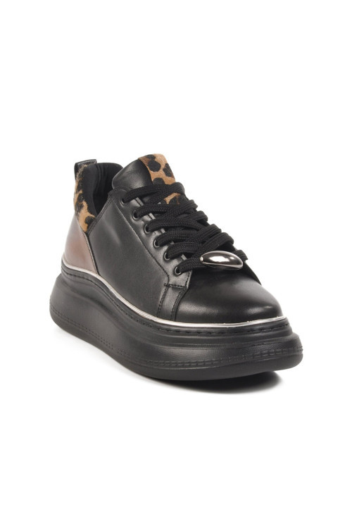 Siyah Leopar Kalın Tabanlı Bağcıklı Kadın Casual Ayakkabı Sneaker T-300