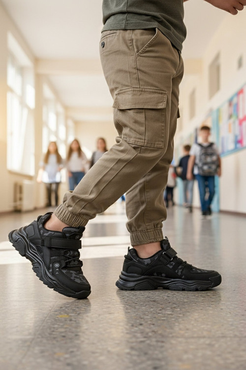 Siyah-Füme Cırtlı Bağcıklı Kalın Tabanlı Erkek Çocuk Spor Ayakkabı Sneaker 2021 F