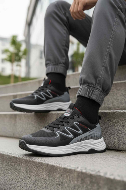 Siyah-Buz Bağcıklı Kalın Kaymaz Tabanlı Erkek Yürüyüş ve Spor Ayakkabı Sneaker BST-2002