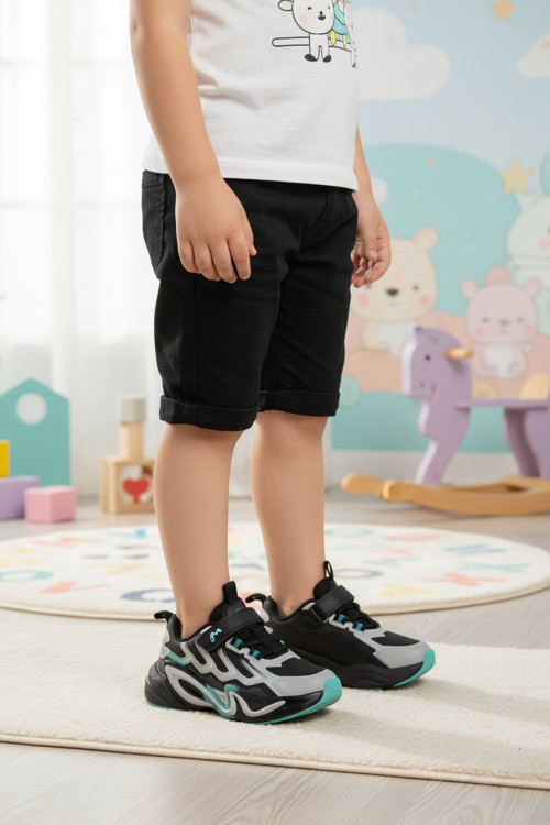 Gri-Turkuaz Cırtlı Kalın Rahat Tabanlı Erkek Çocuk Spor Ayakkabı Sneaker 161-T5440210 P