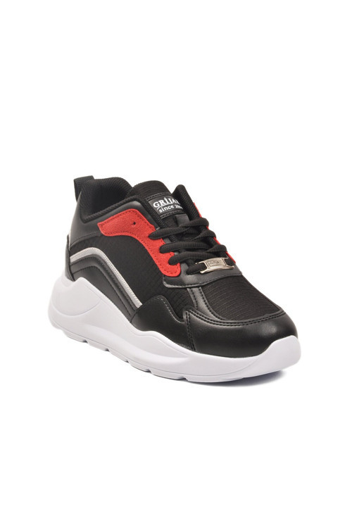 Siyah-Bordo Bağcıklı Kalın Tabanlı Kadın Yürüyüş ve Spor Ayakkabı Sneaker 051
