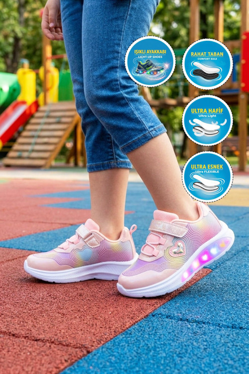 Pudra Cırtlı Işıklı Kız Çocuk Spor Ayakkabı Sneaker 26Y910