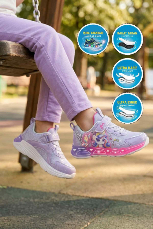 Lila Cırtlı Işıklı Desenli Kız Çocuk Spor Ayakkabı Sneaker 26Y310