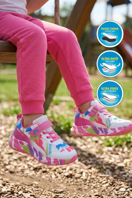 Beyaz Cırtlı Fileli Hafif Rahat Tabanlı Desenli Kız Çocuk Spor Ayakkabı Sneaker 26Y333