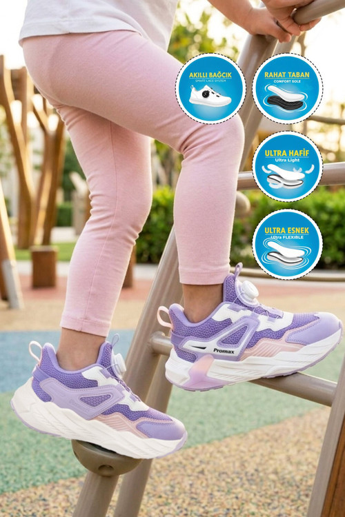 Lila-Beyaz Akıllı Bağcıklı Fileli Kız Çocuk Spor Ayakkabı Sneaker 2099 F