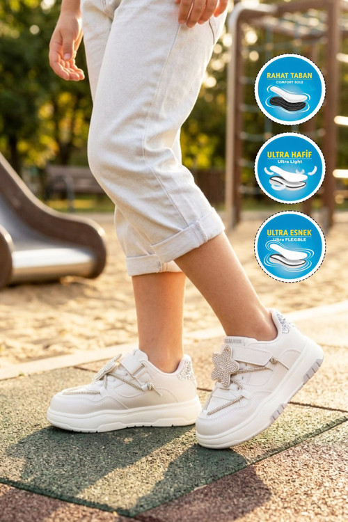 Beyaz-Gümüş Cırtlı Taş Detaylı Kız Çocuk Spor Ayakkabı Ayakkabı Sneaker Yıldız