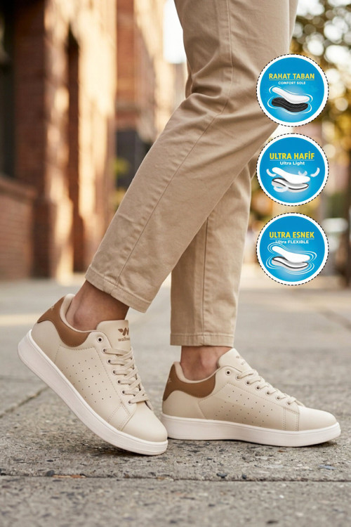 Bej Bağcıklı Kalın Rahat Tabanlı Unisex Yürüyüş ve Spor Ayakkabı Sneaker Costa