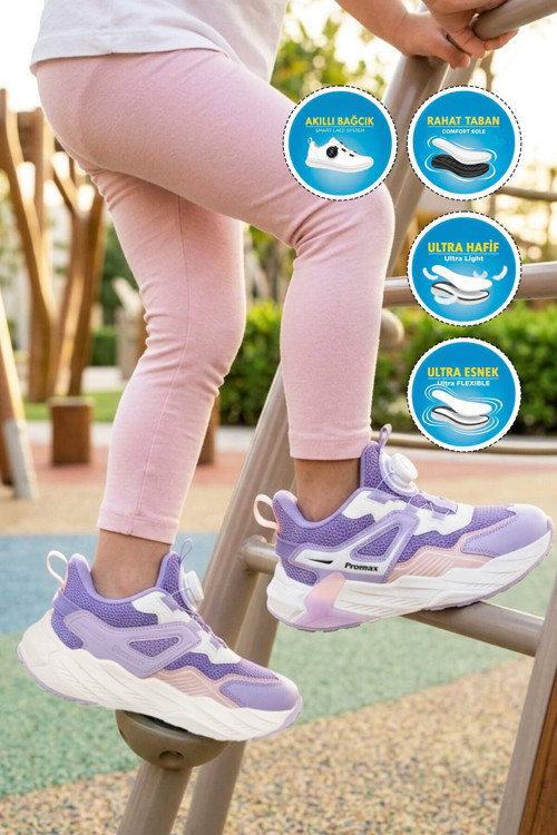 Lila-Beyaz Akıllı Bağcıklı Fileli Kız Çocuk Spor Ayakkabı Sneaker 2099 F