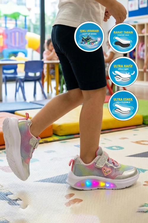 Gümüş Işıklı Cırtlı Kız Çocuk Spor Ayakkabı Sneaker 26Y909 P