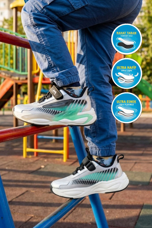 Gri-Turkuaz Cırtlı Kalın Rahat Tabanlı Fileli Erkek Çocuk Spor Ayakkabı Sneaker T5440207B