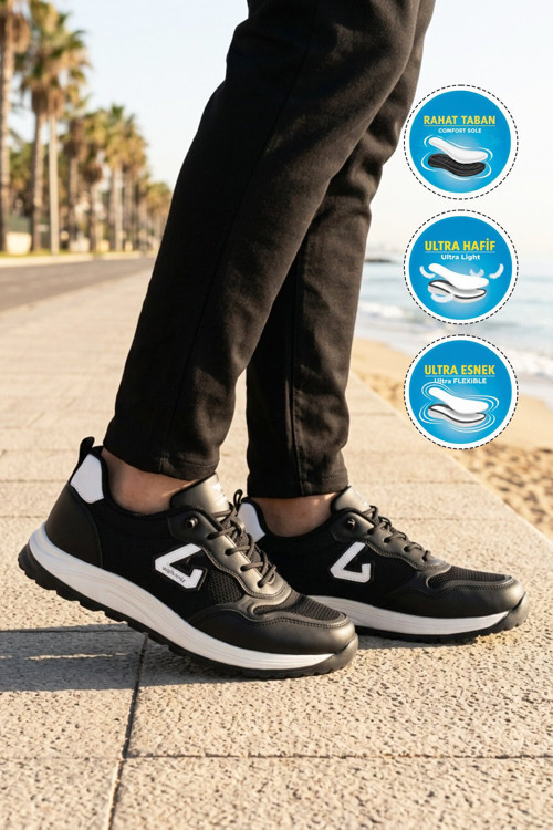 Siyah-Beyaz Fileli Bağcıklı Hafif Rahat Tabanlı Erkek Yürüyüş ve Spor Ayakkabı Sneaker Ales