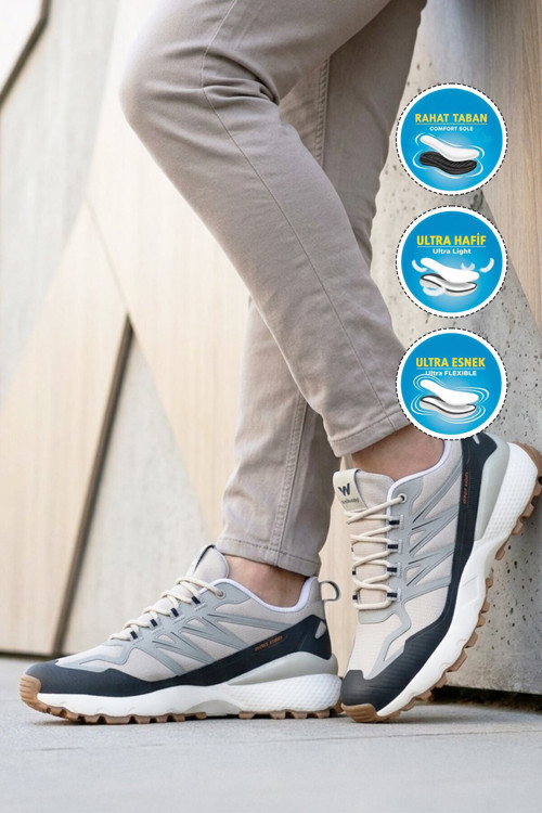 Gri-Lacivert Hafif Esnek Rahat Kaymaz Tabanlı Bağcıklı Erkek Spor Ayakkabı Sneaker Upp Sala