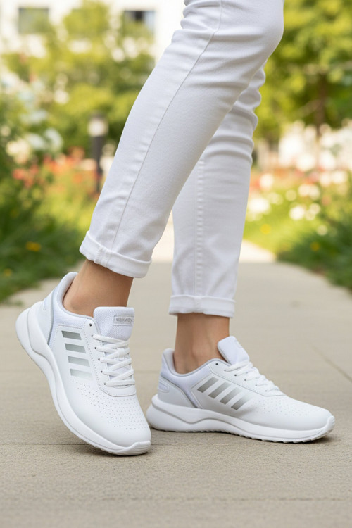 Beyaz Bağcıklı Kalın Rahat Tabanlı Unisex Yürüyüş ve Spor Ayakkabı Sneaker Nereus