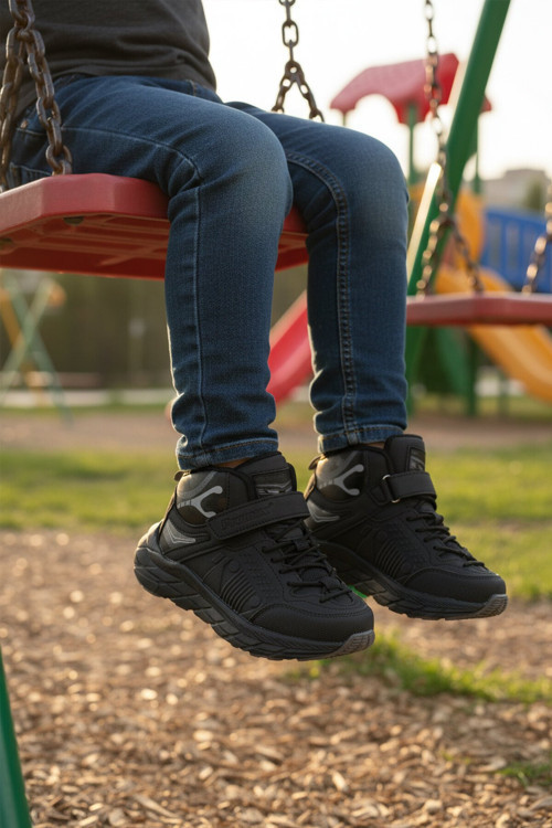 Siyah-Siyah Cırtlı Kalın Rahat Tabanlı Erkek Çocuk Spor Ayakkabı Sneaker 1973 F