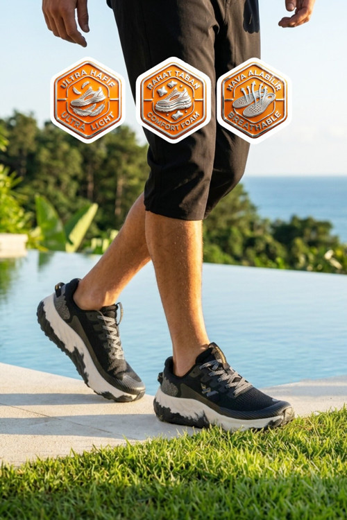 Siyah-Beyaz Fileli Hafif Rahat Hafızalı Kalın Tabanlı Erkek Yürüyüş ve Spor Ayakkabı Sneaker Flystep M