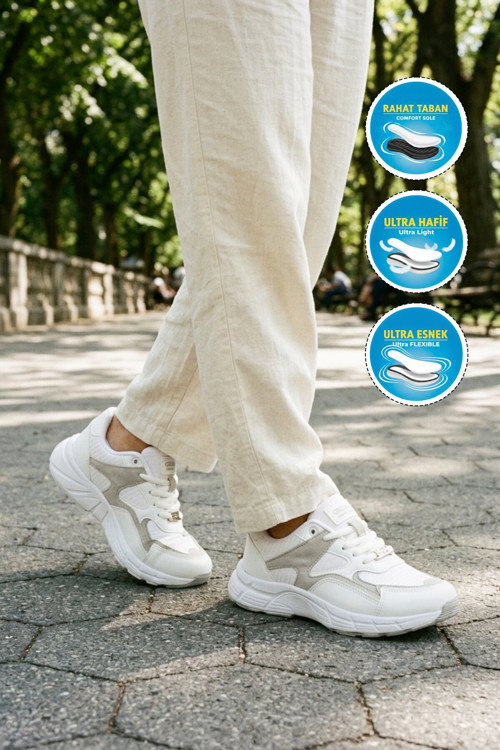 Beyaz Bağcıklı Hafif Rahat Esnek Unisex Yürüyüş ve Spor Ayakkabı 304