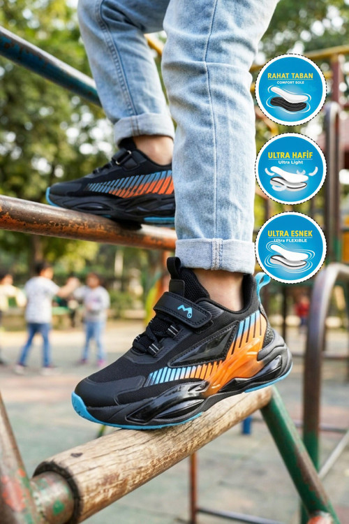 Siyah-Turuncu Cırtlı Kalın Rahat Tabanlı Fileli Erkek Çocuk Spor Ayakkabı Sneaker T5440207B