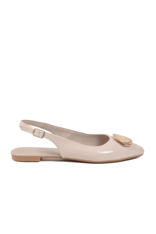 Kadın Bej Rugan Metal Tokalı Slingback Babet Özel Gün Gece Ayakkabısı