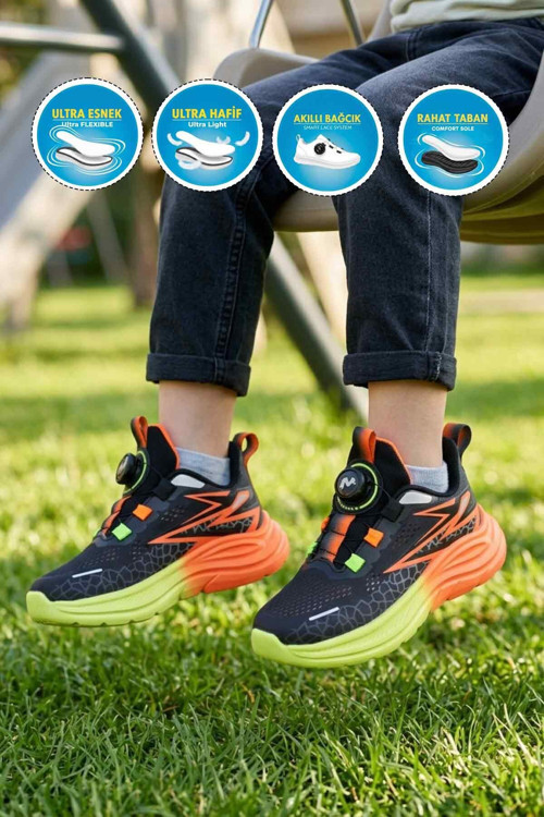 Siyah-Turuncu Akıllı Bağcıklı Fileli Erkek Çocuk Spor Ayakkabı Sneaker 26Y538 F