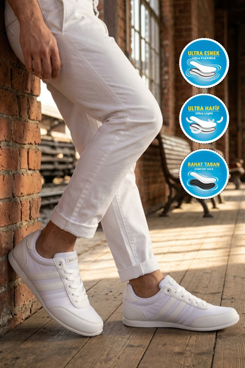 Beyaz-Beyaz Bağcıklı İnce Rahat Tabanlı Erkek Yürüyüş ve Spor Ayakkabı Sneaker BST-2086