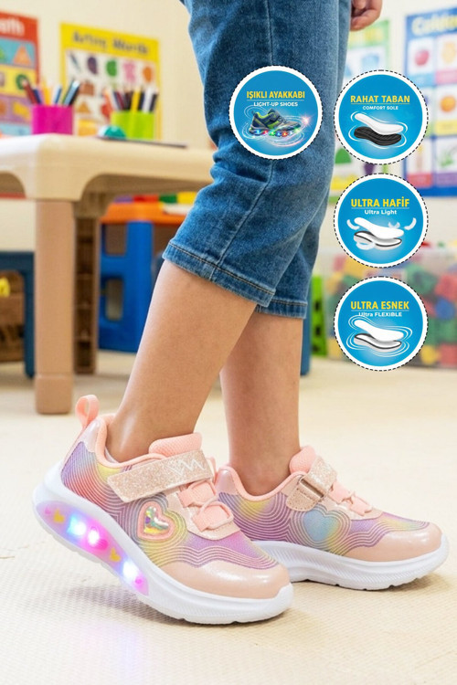 Pudra Işıklı Cırtlı Kız Çocuk Spor Ayakkabı Sneaker 26Y909 P