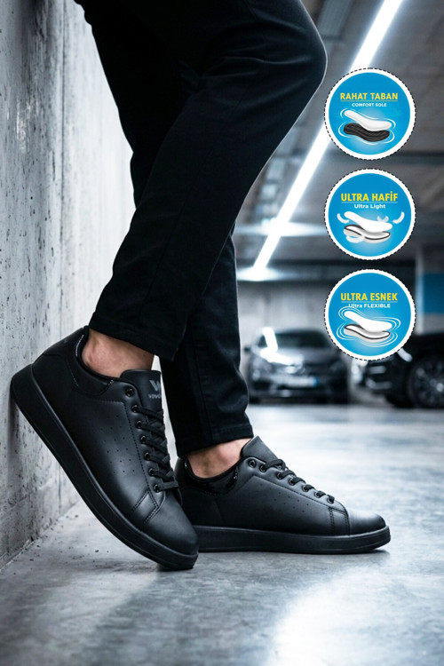 Siyah-Siyah Bağcıklı Kalın Rahat Tabanlı Erkek Yürüyüş ve Spor Ayakkabı Sneaker Costa