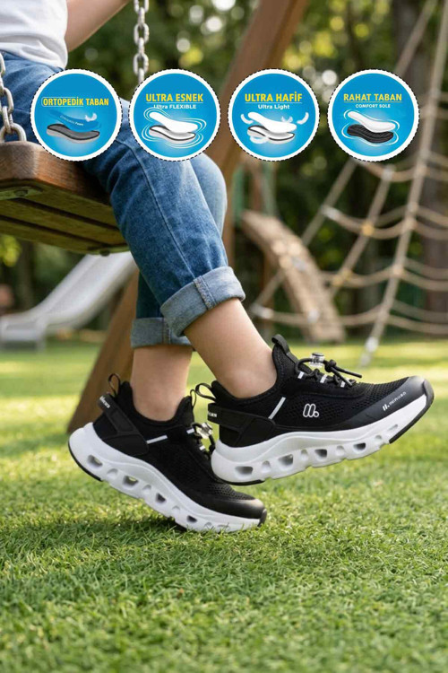 Siyah Geniş Kalıp Anorak Ortopedik Bağcıklı Erkek Çocuk Spor Ayakkabı BXZ001
