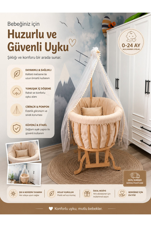 Sepet Beşik Bej Ponponlu Uyku Seti