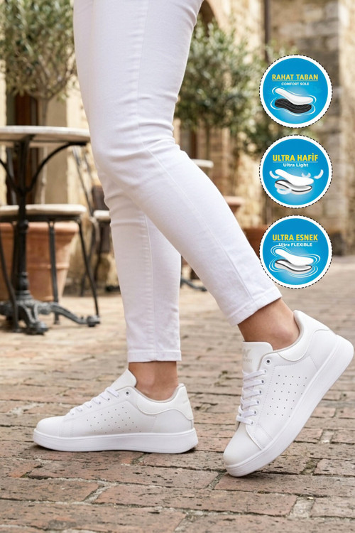 Beyaz Bağcıklı Kalın Rahat Tabanlı Unisex Yürüyüş ve Spor Ayakkabı Sneaker Costa