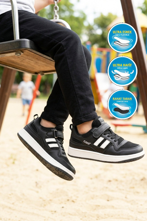 Siyah Cırtlı Fileli Hafif Rahat Unisex Çocuk Yürüyüş ve Spor Ayakkabı Sneaker Stella
