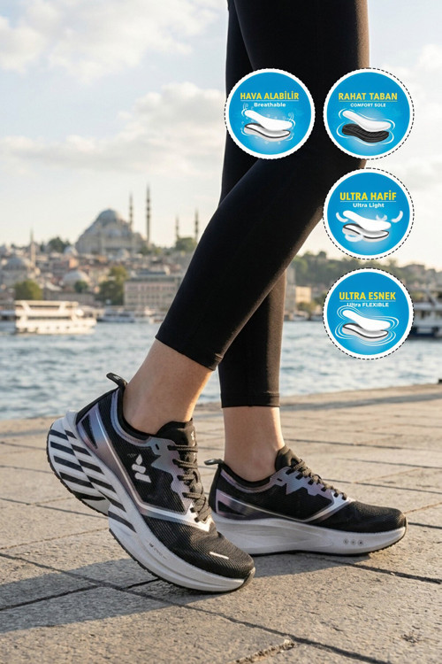 Siyah-Gümüş ileli Hafif Hafızalı Rahat Tabanlı Unisex Koşu Yürüyüş ve Spor Ayakkabı Space G