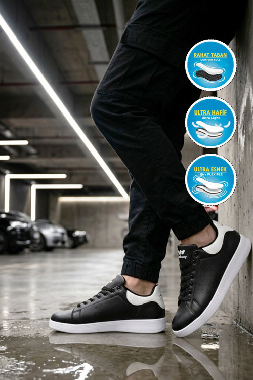 Siyah-Beyaz Bağcıklı Kalın Rahat Tabanlı Erkek Yürüyüş ve Spor Ayakkabı Sneaker Costa