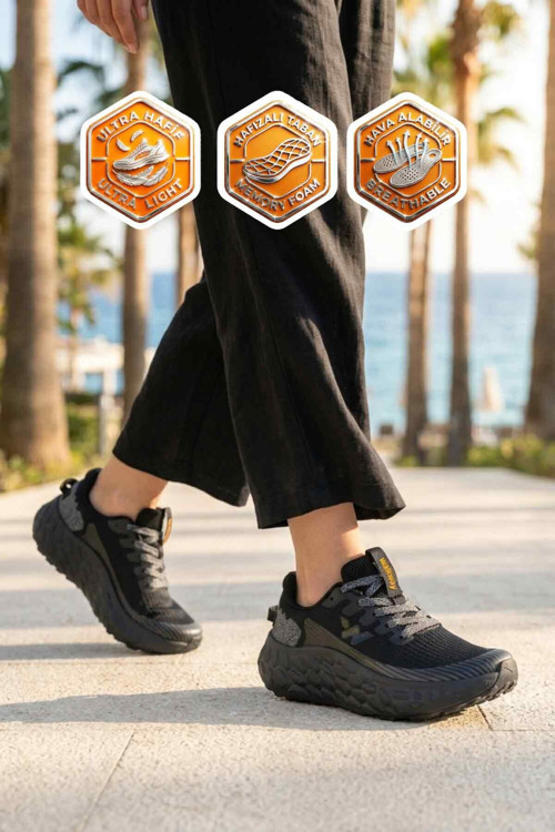 Siyah Fileli Hafif Rahat Hafızalı Kalın Tabanlı Unisex Yürüyüş ve Spor Ayakkabı Sneaker Flystep G