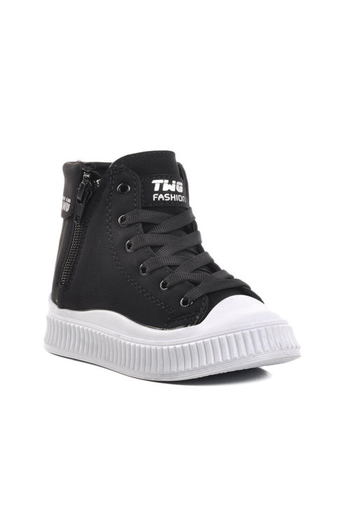 Siyah-Beyaz İçi Kürklü Kaymaz Tabanlı Fermuarlı Unisex Çocuk Bot