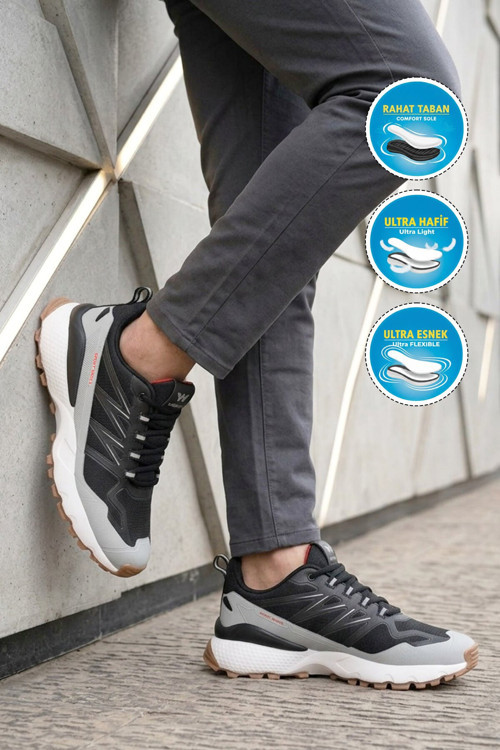 Siyah-Beyaz Hafif Esnek Rahat Kaymaz Tabanlı Bağcıklı Erkek Spor Ayakkabı Sneaker Upp Sala