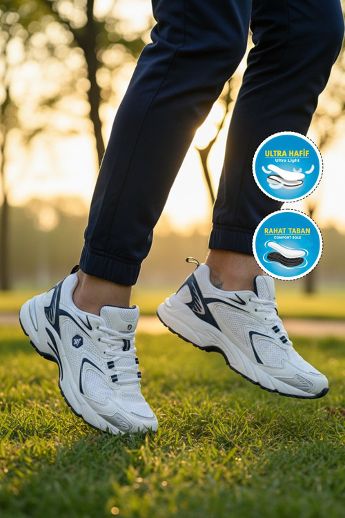 Beyaz-Lacivert Fileli Bağcıklı Rahat Tabanlı Erkek Yürüyüş ve Spor Ayakkabı Sneaker 101-24038 Hader