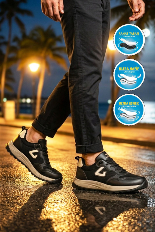 Siyah-Krep Fileli Bağcıklı Hafif Rahat Tabanlı Erkek Yürüyüş ve Spor Ayakkabı Sneaker Ales