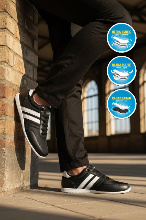 Siyah-Beyaz Bağcıklı İnce Rahat Tabanlı Erkek Yürüyüş ve Spor Ayakkabı Sneaker BST-2086