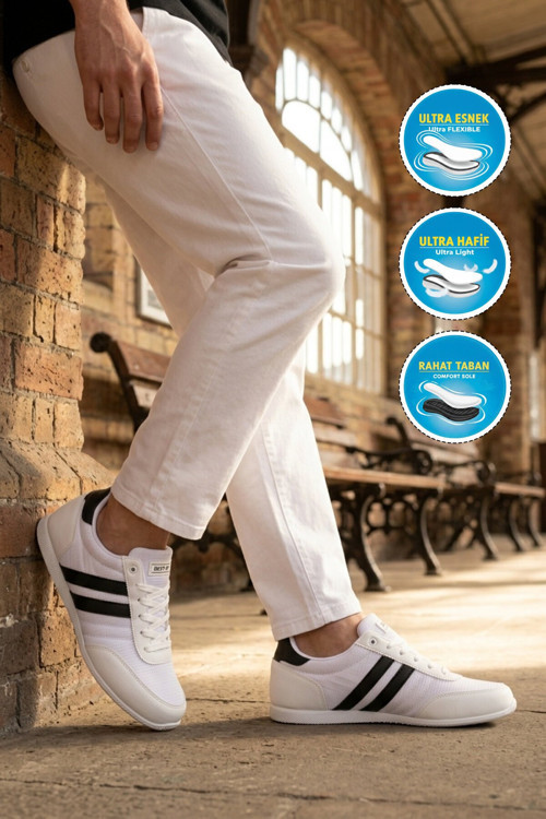 Beyaz-Siyah Bağcıklı İnce Rahat Tabanlı Erkek Yürüyüş ve Spor Ayakkabı Sneaker BST-2086