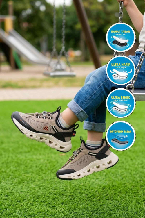 Kum-Siyah Geniş Kalıp Anorak Ortopedik Bağcıklı Erkek Çocuk Spor Ayakkabı BXZ001