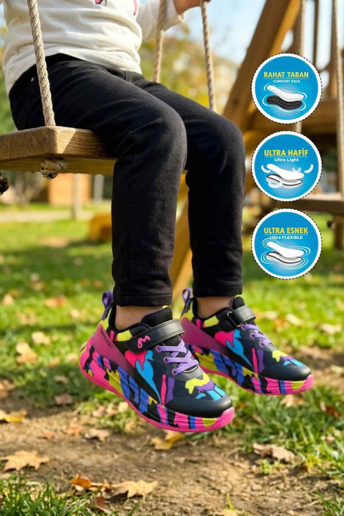 Siyah Cırtlı Fileli Hafif Rahat Tabanlı Desenli Kız Çocuk Spor Ayakkabı Sneaker 26Y333