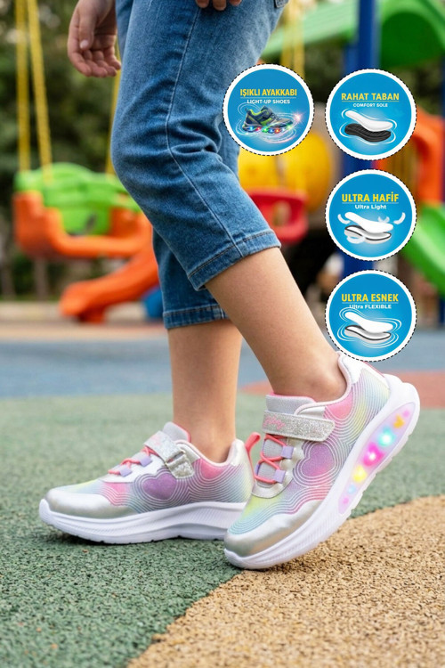 Gümüş Cırtlı Işıklı Kız Çocuk Spor Ayakkabı Sneaker 26Y910