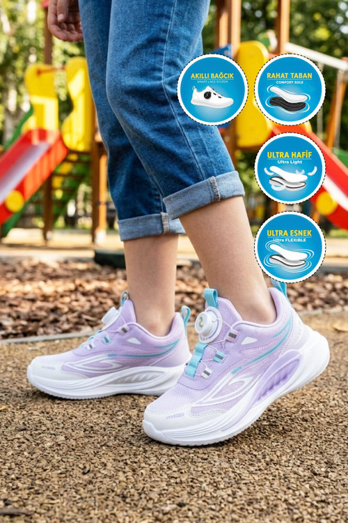 Beyaz-Lila Fileli Akıllı Bağcıklı Kız Çocuk Spor Ayakkabı Sneaker 26Y530 F