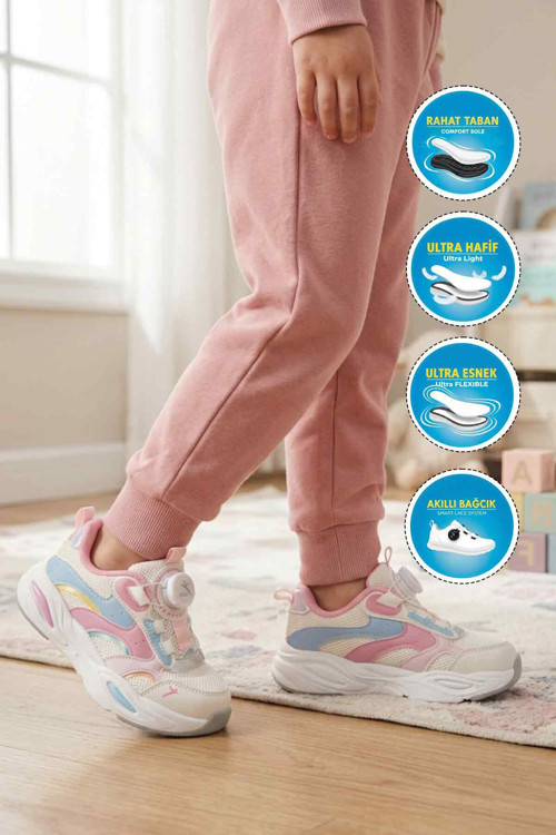 Beyaz-Pudra Akıllı Bağcıklı Fileli Kız Çocuk Spor Ayakkabı Sneaker Frank P